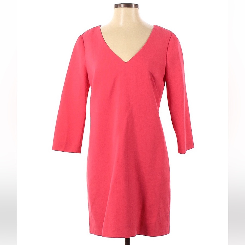 J Crew Pink 3/4 sleeve V-neck 100% Wool Sheath Dress 2